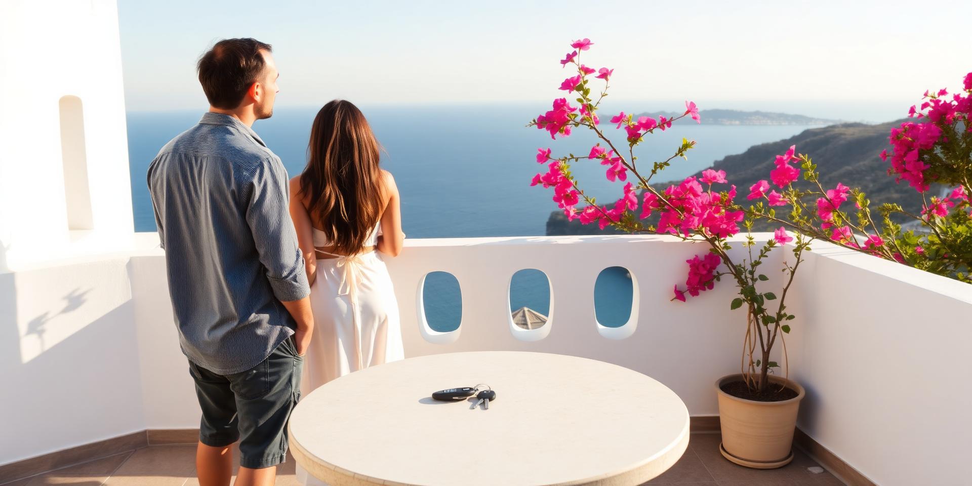 Couple sur une terrasse espagnole lumineuse face à la Méditerranée